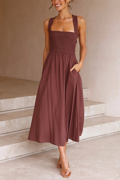 Elastic Shirred Bodice Cross Back Pocket Dress