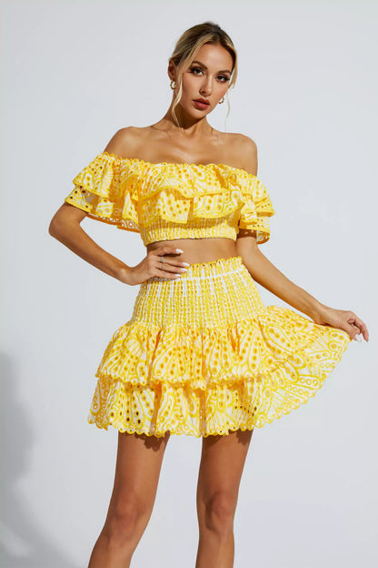 Dorothy Yellow Floral Ruffle Off-Shoulder Set