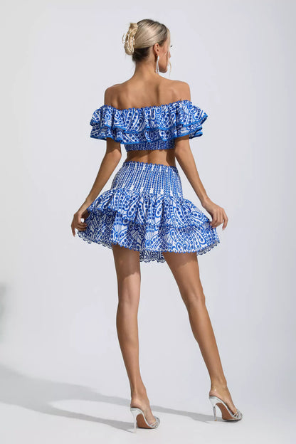 Dorothy Blue Floral Ruffle Off-Shoulder Set