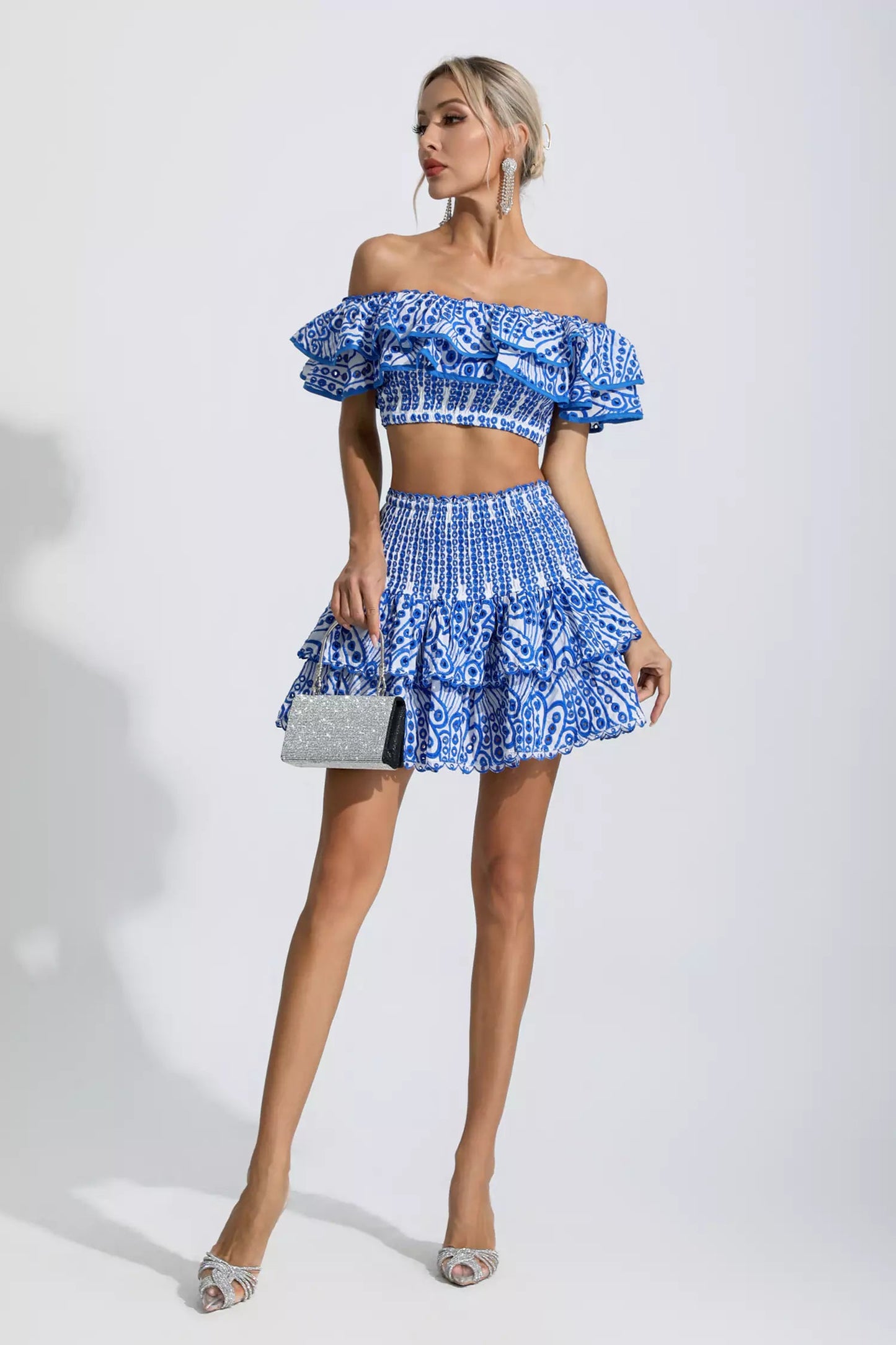 Dorothy Blue Floral Ruffle Off-Shoulder Set