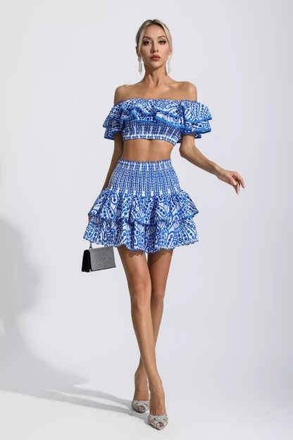 Dorothy Blue Floral Ruffle Off-Shoulder Set