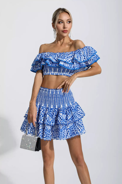 Dorothy Blue Floral Ruffle Off-Shoulder Set