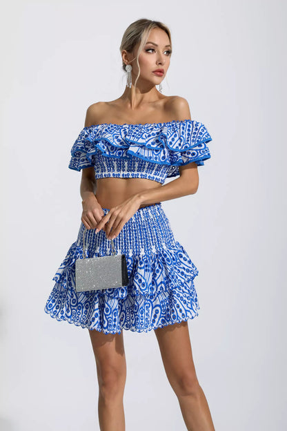 Dorothy Blue Floral Ruffle Off-Shoulder Set