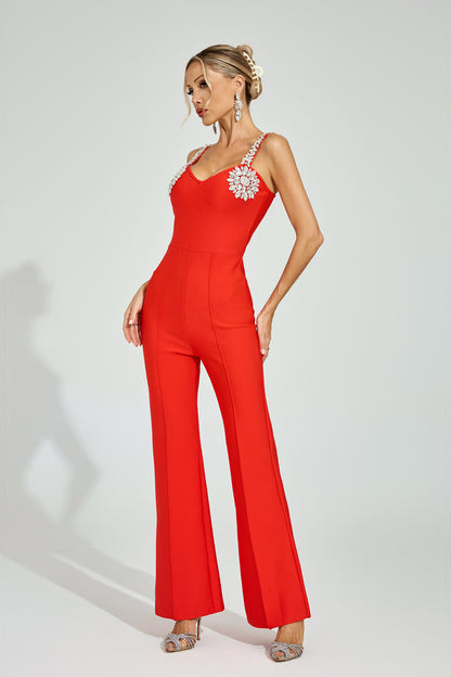 Edward Red Rhinestone Strap Jumpsuit