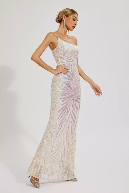 Elia Apricot Sequins One-shoulder Dress
