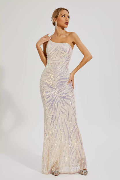 Elia Apricot Sequins One-shoulder Dress