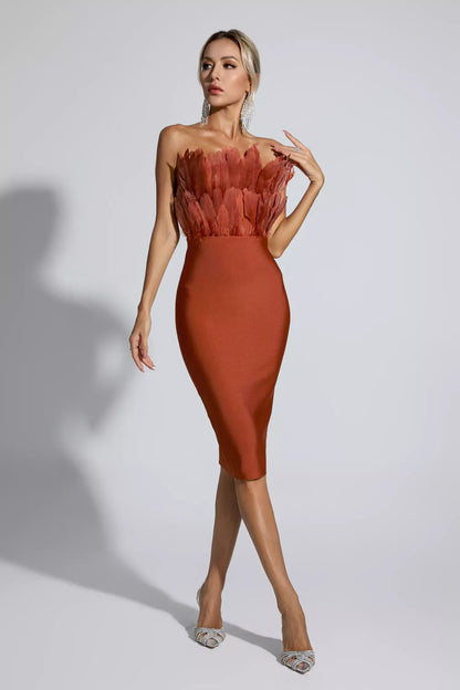 Elianna Dark Brown Feather Midi Dress