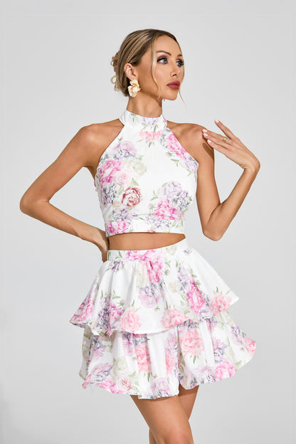 Faithe White Floral Halter Set