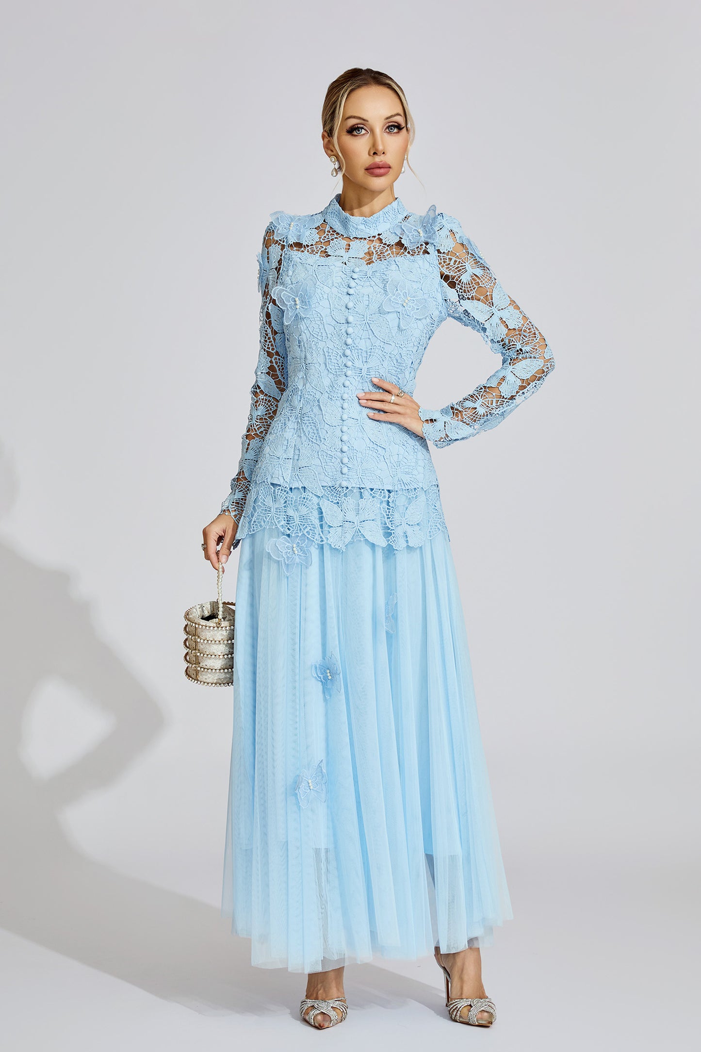 Fays Blue Embroidered Two Piece Set