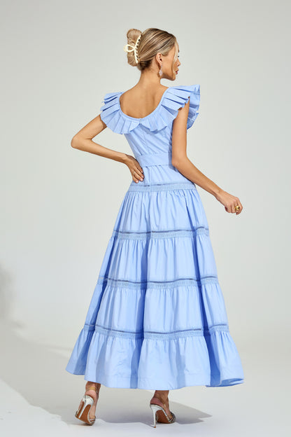 Florence Blue Ruffled Neckline Maxi Dress