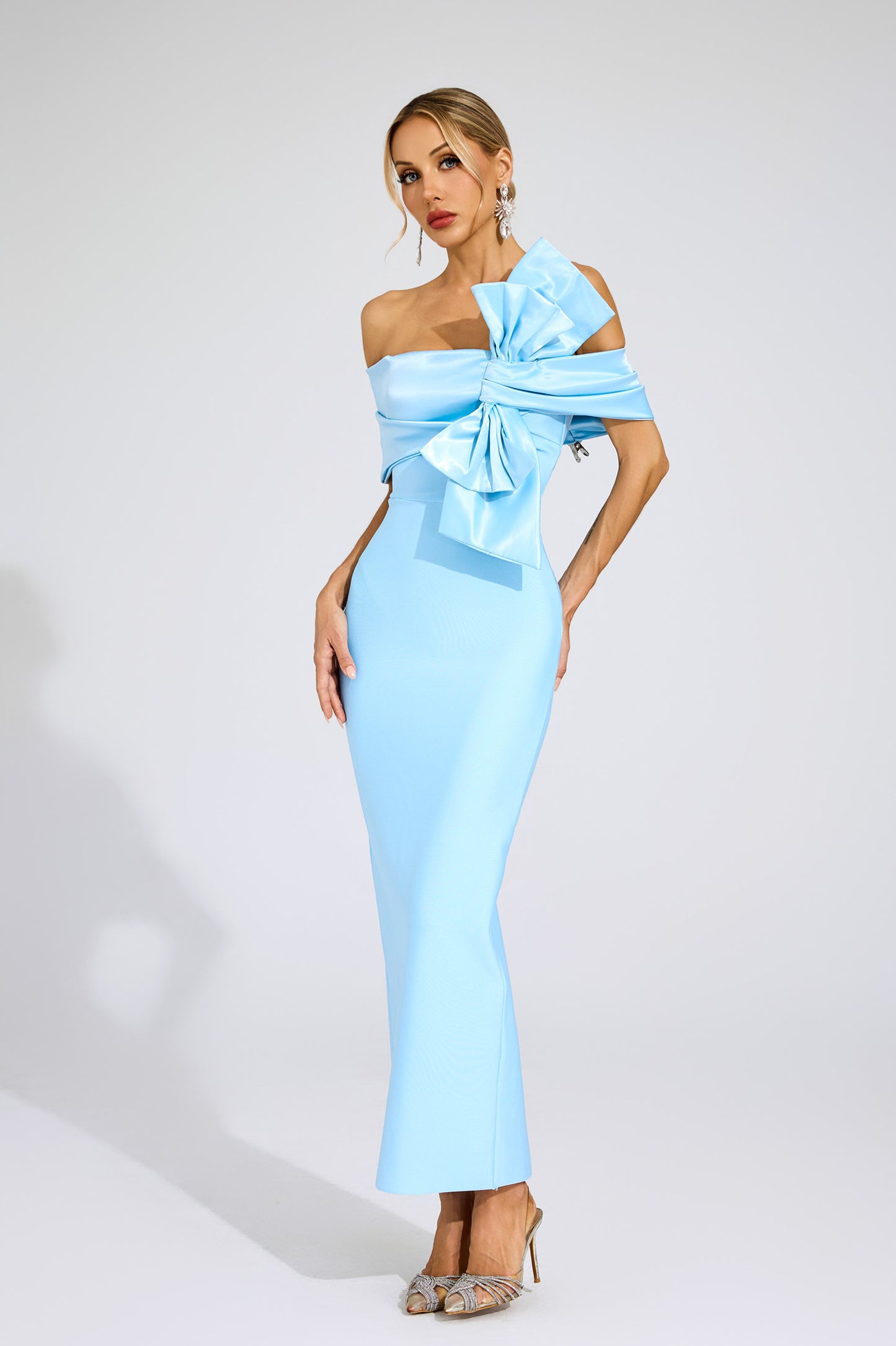 Foster Blue Bow Tie Bandage Dress