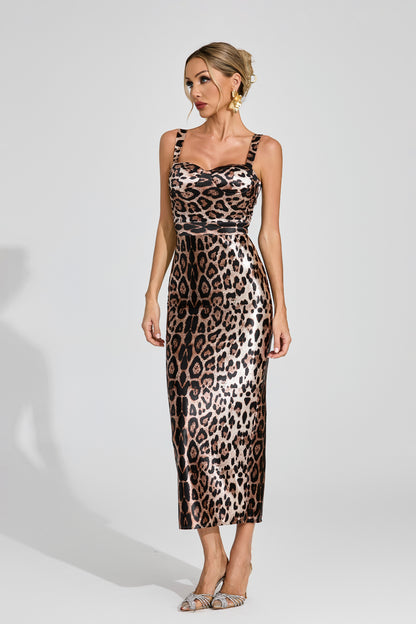 Grote Leopard Print Satin Midi Dress