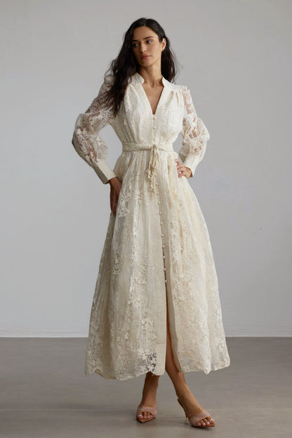 Madeline V-Neck Lace Embroidered Midi Dress
