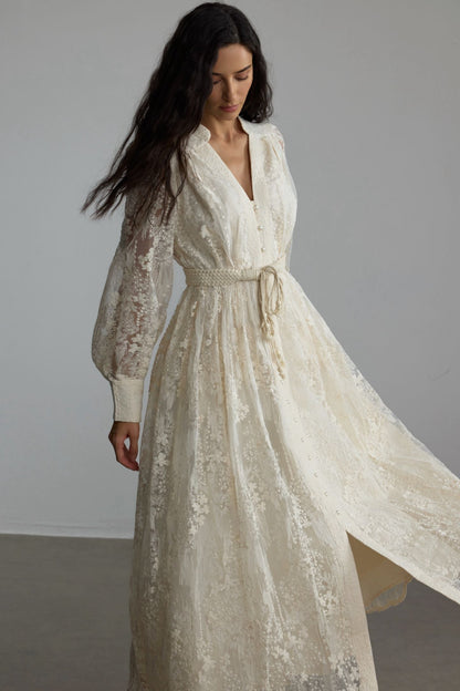 Madeline V-Neck Lace Embroidered Midi Dress