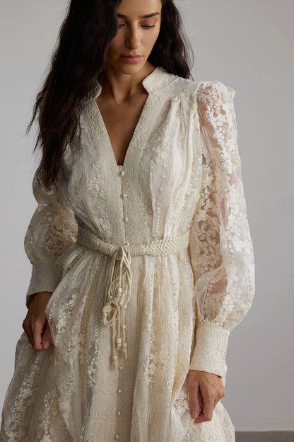 Madeline V-Neck Lace Embroidered Midi Dress
