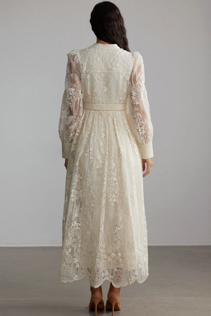 Madeline V-Neck Lace Embroidered Midi Dress