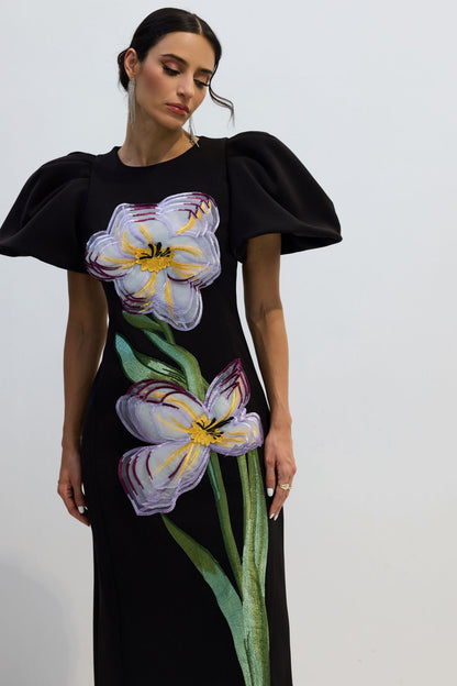 Georgia Floral Embroidery Puff Sleeve Maxi Dress