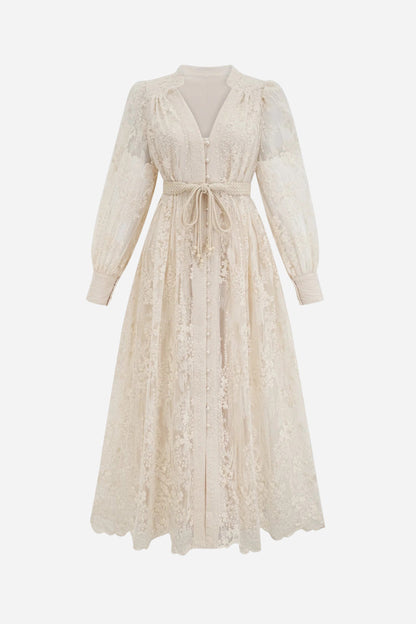 Madeline V-Neck Lace Embroidered Midi Dress