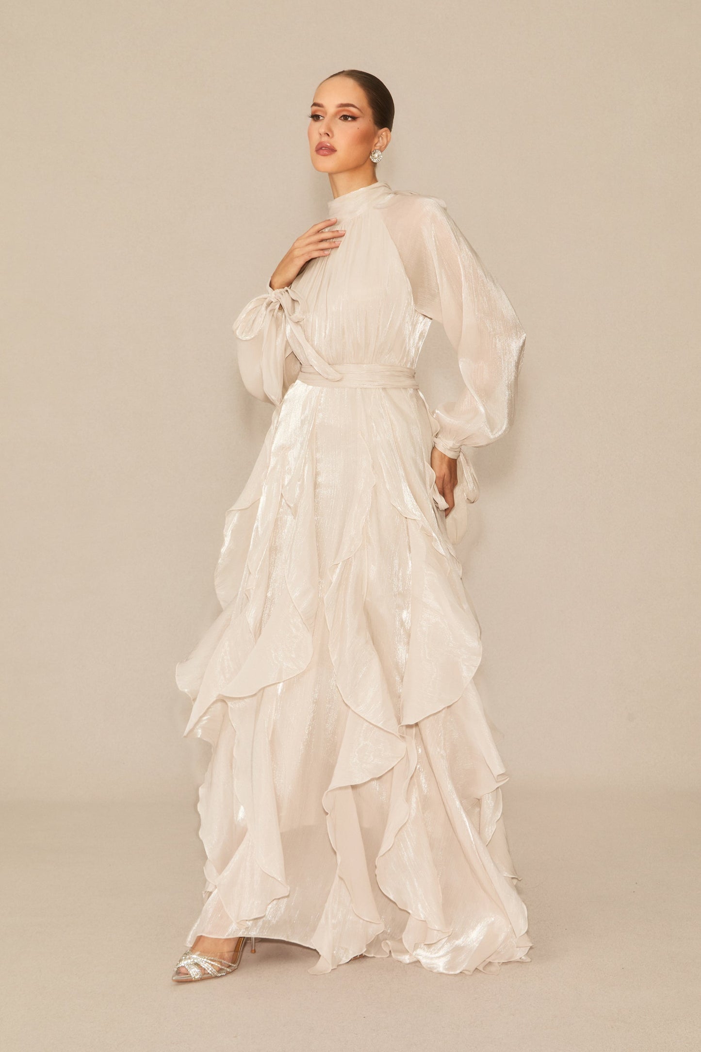 Estella Puff Sleeve Ruffle Trim Maxi Dress