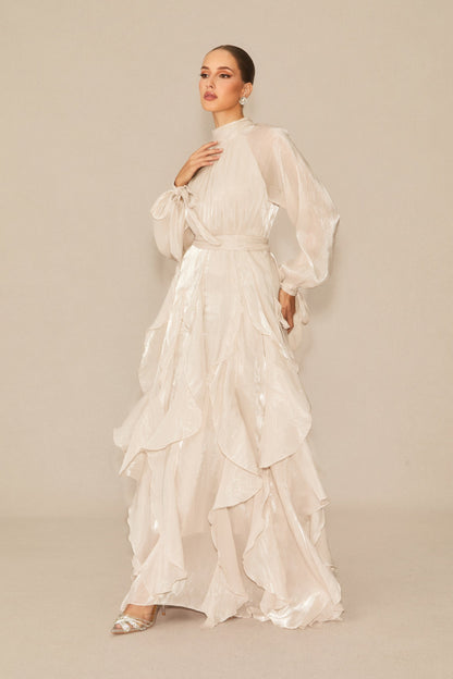 Estella Puff Sleeve Ruffle Trim Maxi Dress