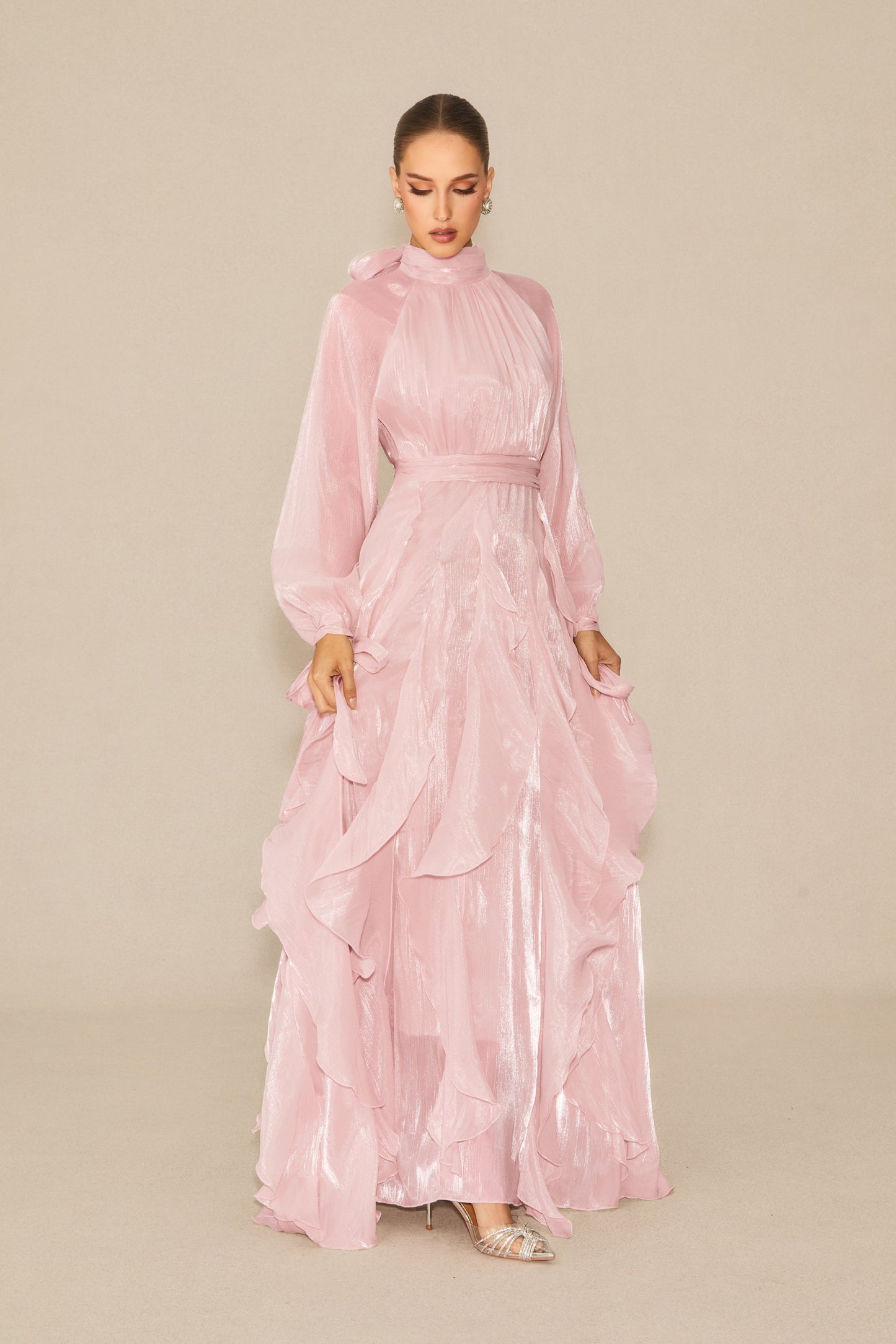 Estella Puff Sleeve Ruffle Trim Maxi Dress