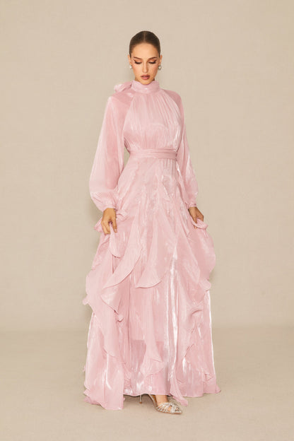 Estella Puff Sleeve Ruffle Trim Maxi Dress