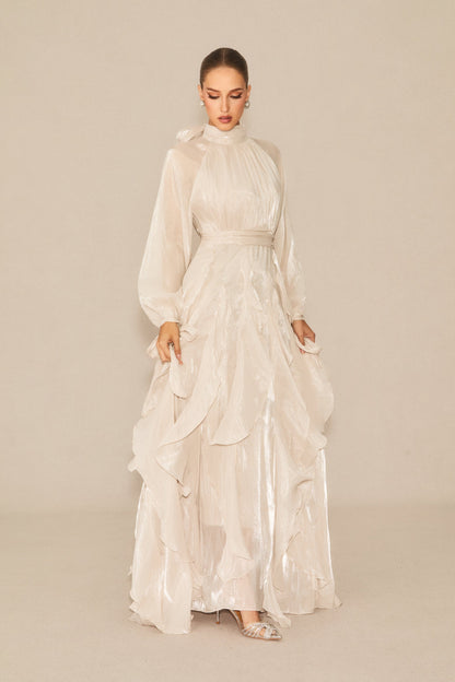 Estella Puff Sleeve Ruffle Trim Maxi Dress