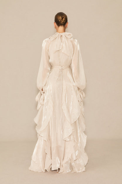 Estella Puff Sleeve Ruffle Trim Maxi Dress