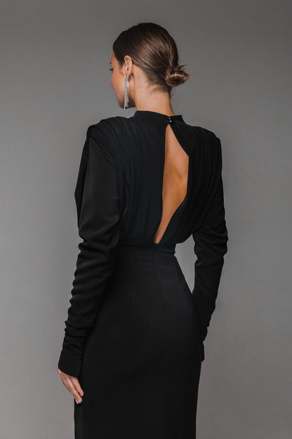 Stand Collar Long Sleeve Pleated Waist Split Maxi Dress