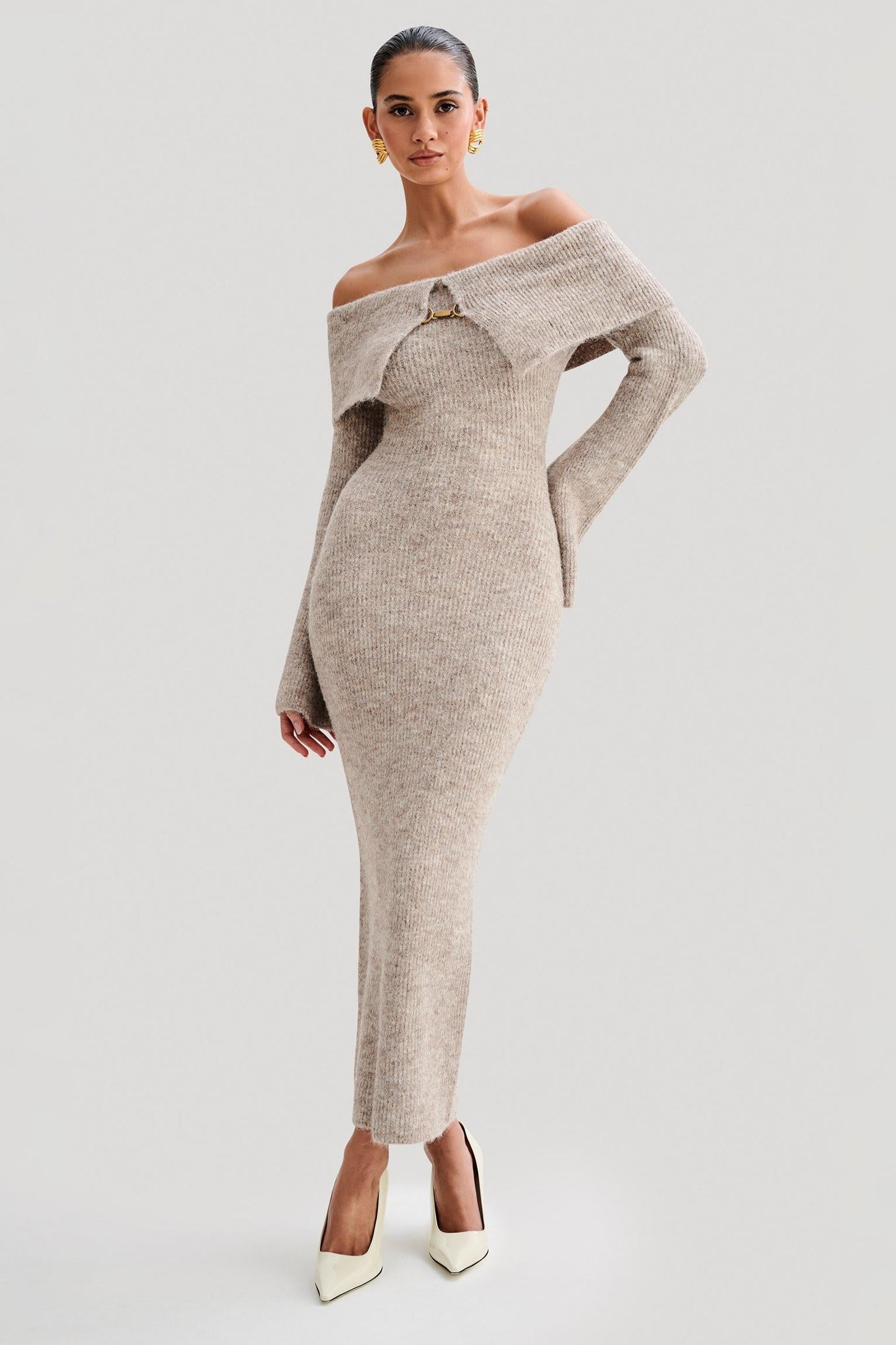 Solid Knit Off-Shoulder Midi Dress