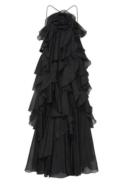 3D Flower Halter Neck Frill Maxi Dress