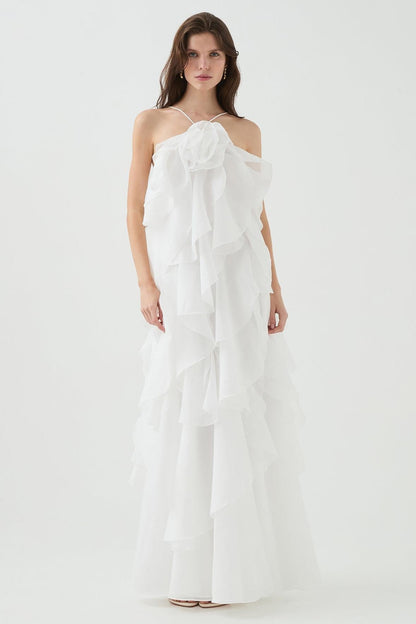 3D Flower Halter Neck Frill Maxi Dress