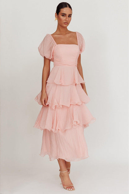 Chiffon Ruffle Square Collar Midi Dress