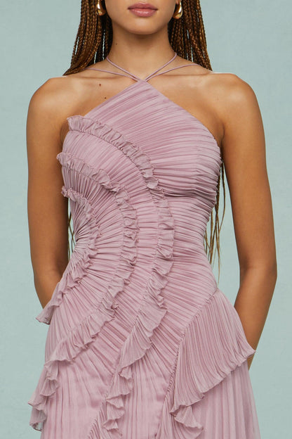 Pleated Frill Halter Neck Midi Dress