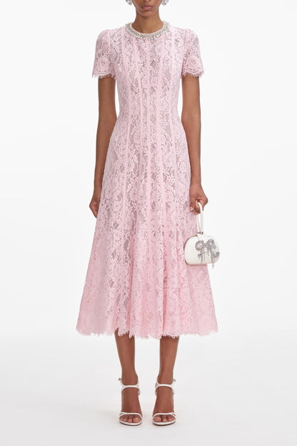 Rhinestone Faux Pearl Lace Midi Dress