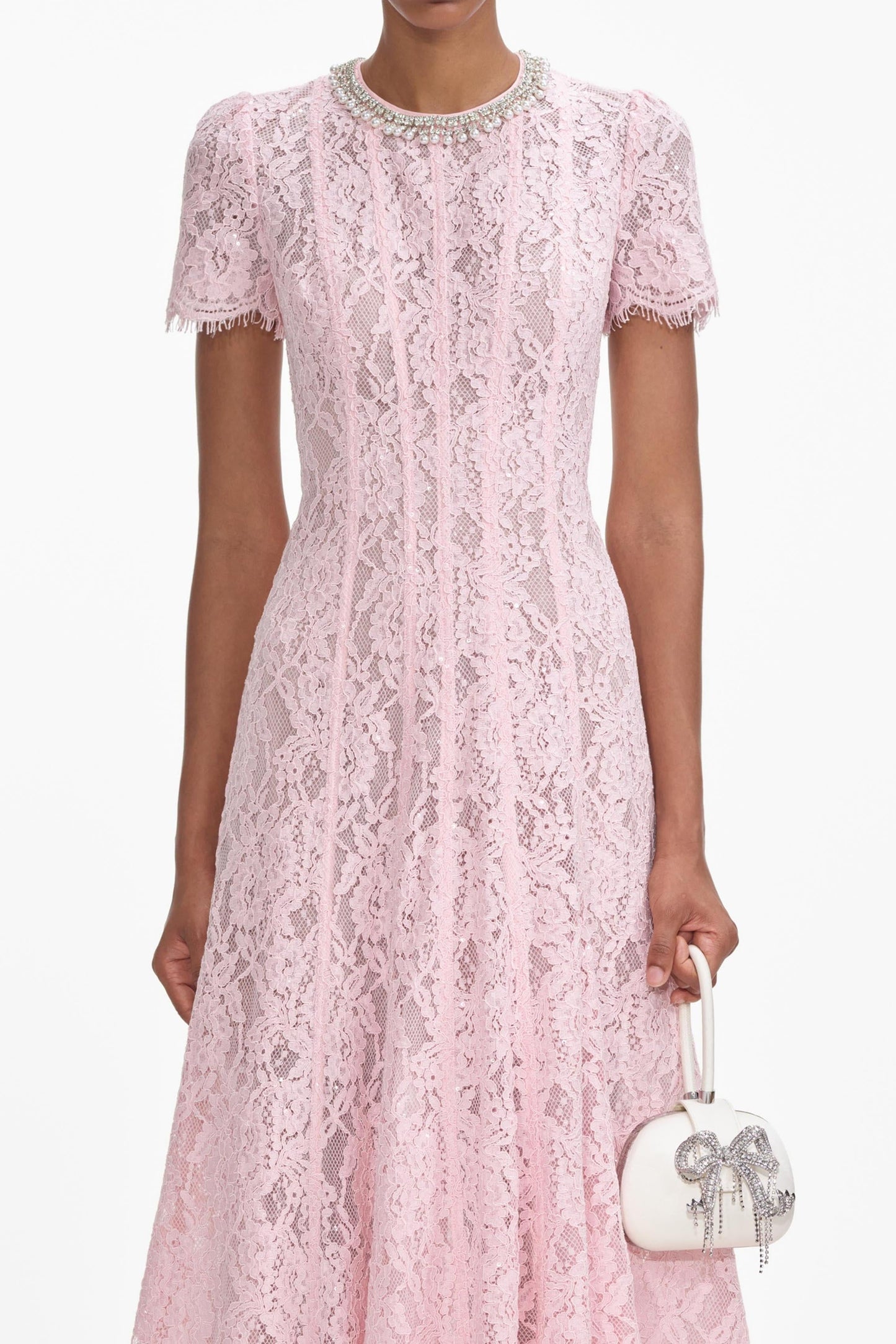 Rhinestone Faux Pearl Lace Midi Dress