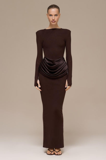 Jersey Splicing Satin Long Sleeve Maxi Dress