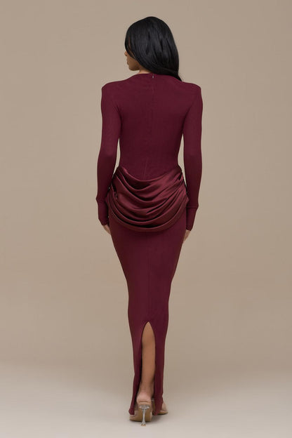 Jersey Splicing Satin Long Sleeve Maxi Dress