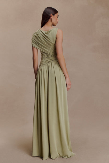 Solid Ruched Asymmetric Maxi Dress