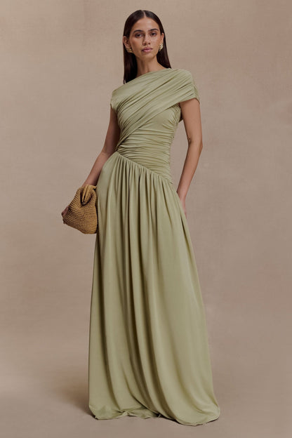 Solid Ruched Asymmetric Maxi Dress