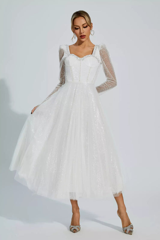 Kamiyah White Mesh Midi Dress
