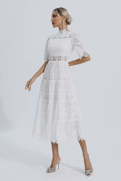 Kenna White Hollow Half Sleeve Midi Dress