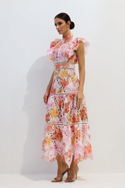 Hilda Print Lace Embroidered Maxi Dress