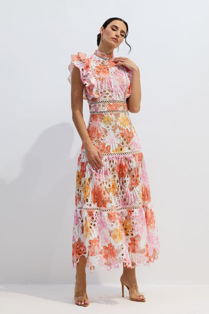 Hilda Print Lace Embroidered Maxi Dress