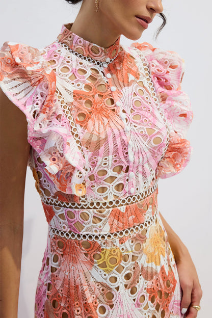 Hilda Print Lace Embroidered Maxi Dress