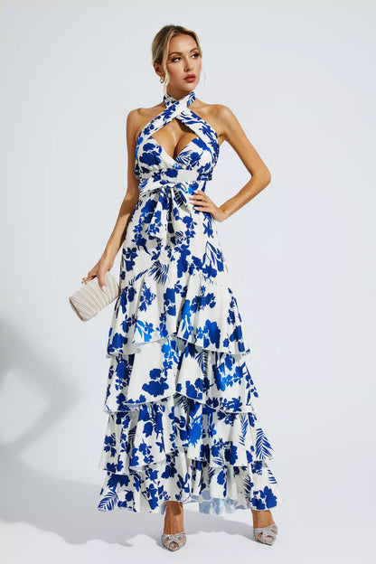 Mae Blue Bohemian Lace-up Maxi Dress