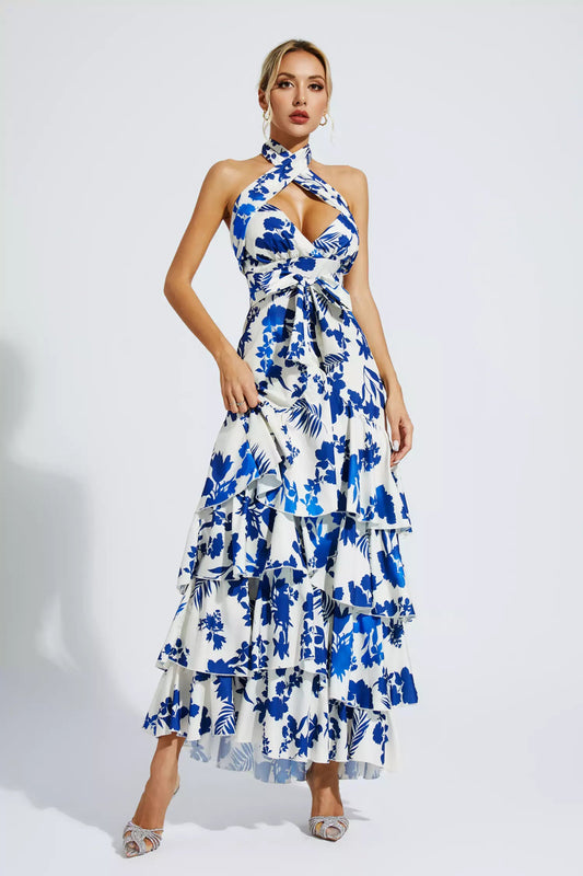 Mae Blue Bohemian Lace-up Maxi Dress