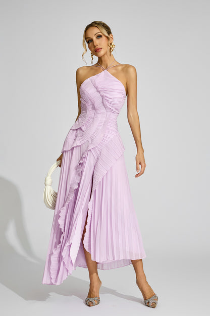 Moses Purple Asymmetric Pleated Halter Dress