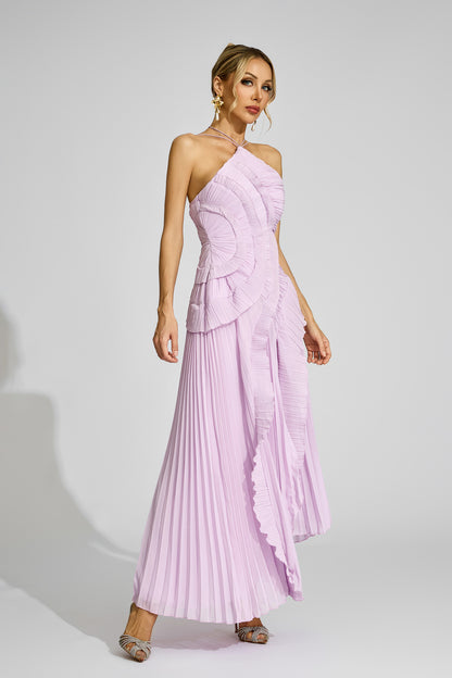 Moses Purple Asymmetric Pleated Halter Dress