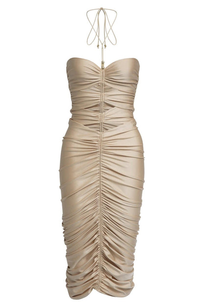 Solid Cut Out Halter Neck Midi Dress